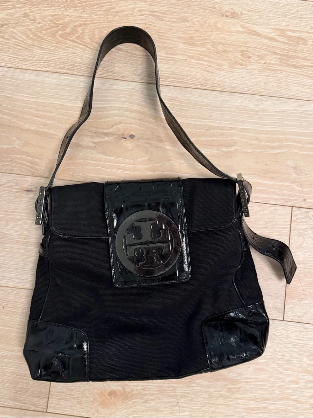 Tory Burch Black Canvas Shoulder Bag with Patent Trim